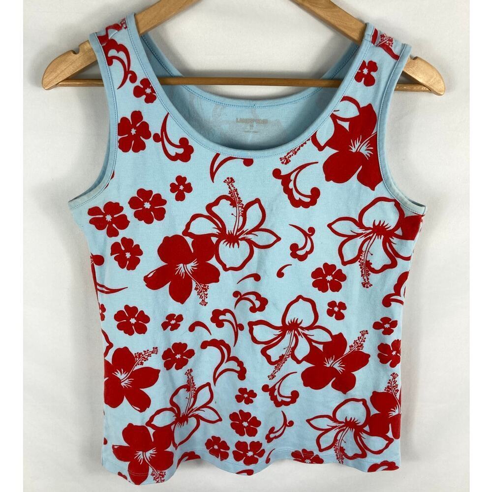 Lands End Blue Red Tropical Print Boxy Fit Tank Size XS
